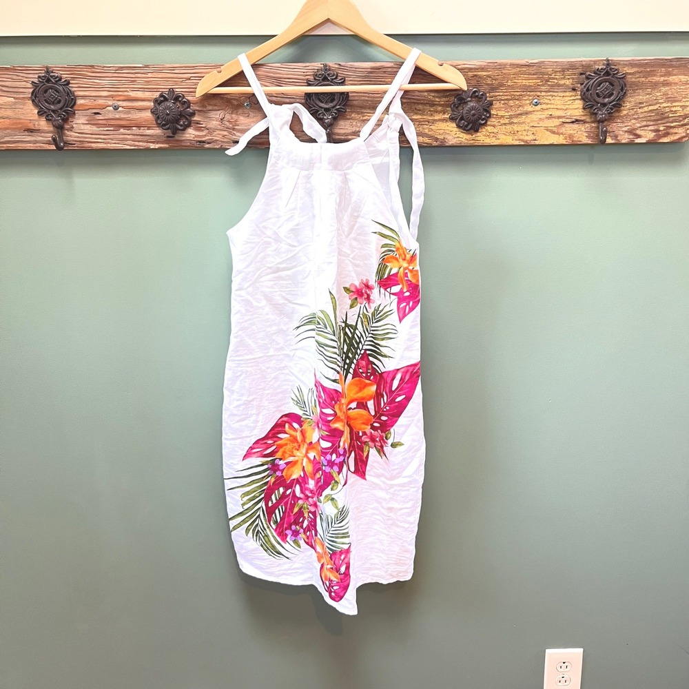 28‎ Palms Womens Linen Tropical Floral Halter Tie Shoulder Shift Dress White XS